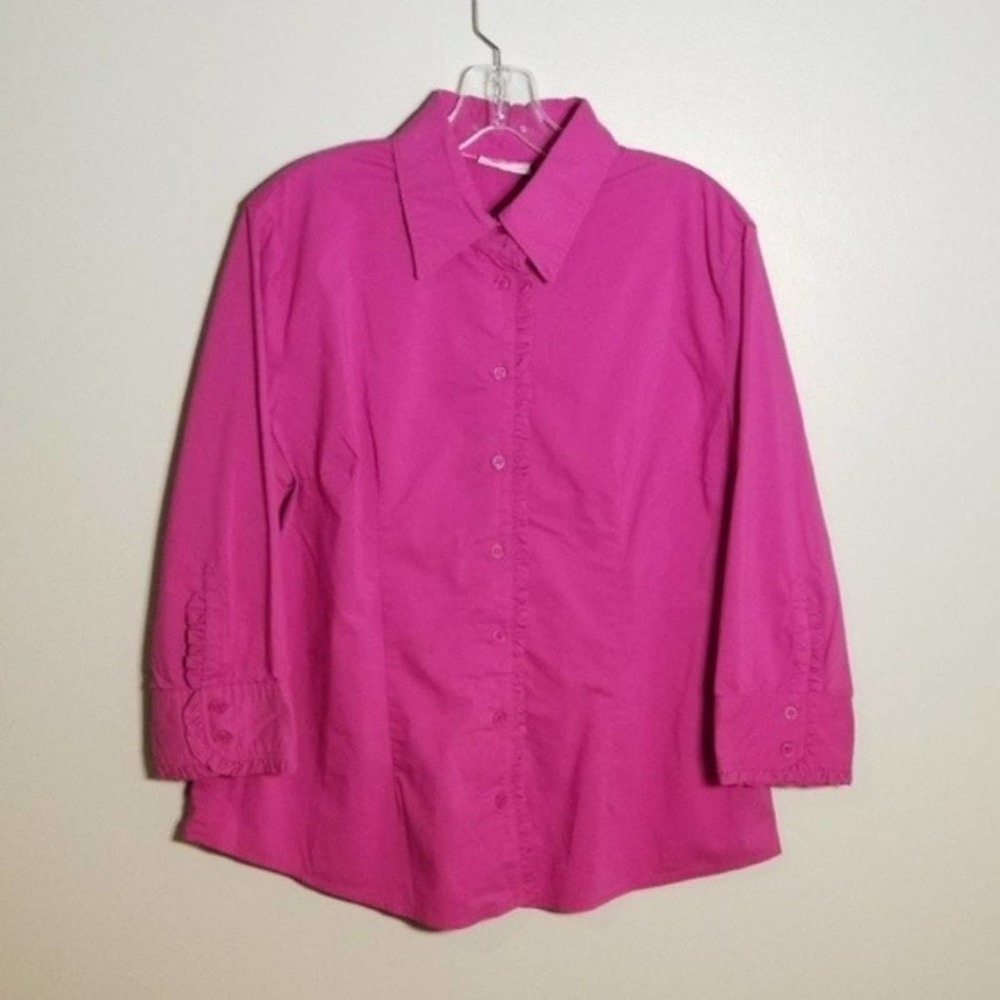 New York & Company Purple Button Down 3/4 Sleeve Ruffle Edge Top Size XL